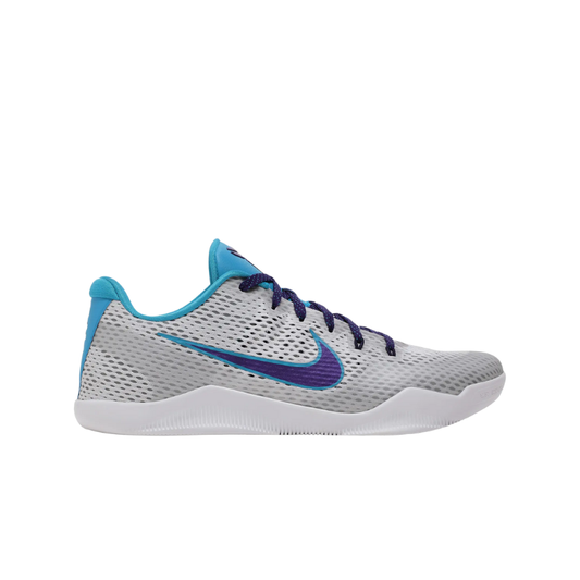 Nike Kobe 11 Low Draft Day Basketball Shoes with white, blue lagoon, and court purple accents