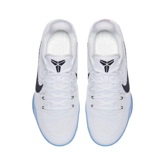 Nike Kobe 11 EM Low Fundamental Basketball Shoes with white engineered mesh upper, black Nike Swoosh, and icy blue translucent outsole.