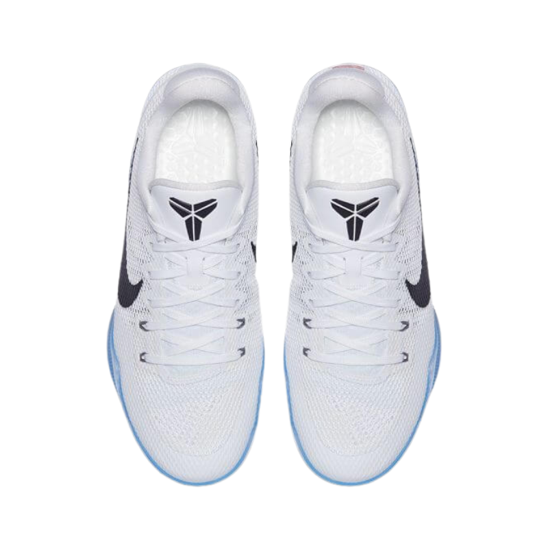 Nike Kobe 11 EM Low Fundamental Basketball Shoes with white engineered mesh upper, black Nike Swoosh, and icy blue translucent outsole.