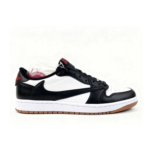 Nike Travis Scott x Air Jordan 1 Low OG "Panda" Sneakers in Black/White with reverse Swoosh and red accents