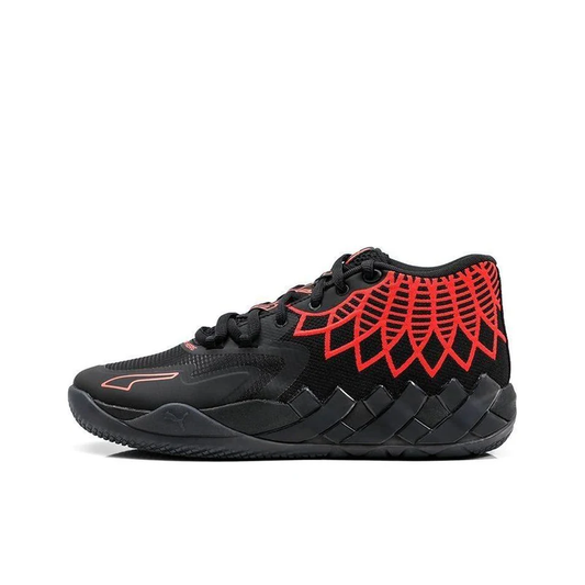 Puma MB.01 LaMelo Ball "Black Red Blast" Basketball Shoe with flame‑inspired graphics and Nitro Foam cushioning.