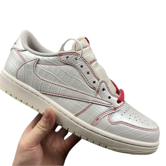 Nike Travis Scott x Air Jordan 1 Low OG SP Metallic Silver Sneakers with crocodile-embossed leather and red stitching