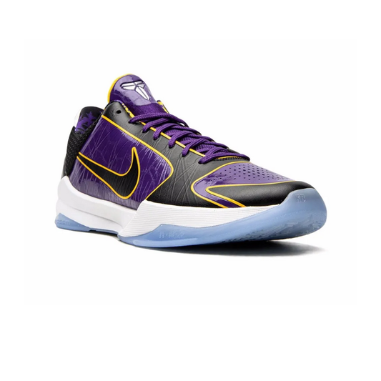 Nike Kobe 5 Protro 5x Champ or Lakers Sneaker in vibrant purple, gold, and black colorway, honoring Kobe Bryant's legacy.