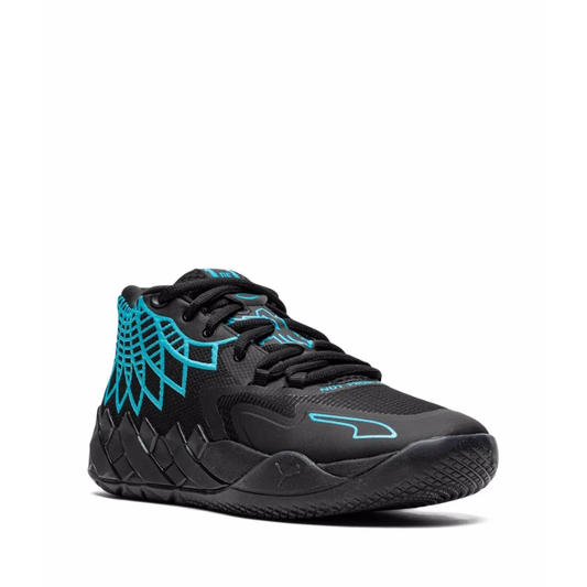 Puma MB.01 LaMelo Ball "Buzz City" Basketball Shoe featuring turquoise embroidery and black sole with Nitro Foam technology.
