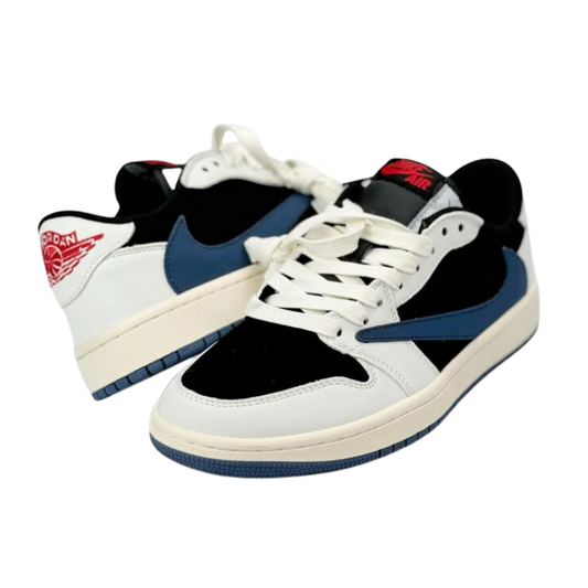 Nike Travis Scott x Air Jordan 1 Low OG SP Black and Blue Sneakers with red "Nike Air" logo and blue Nike Swoosh