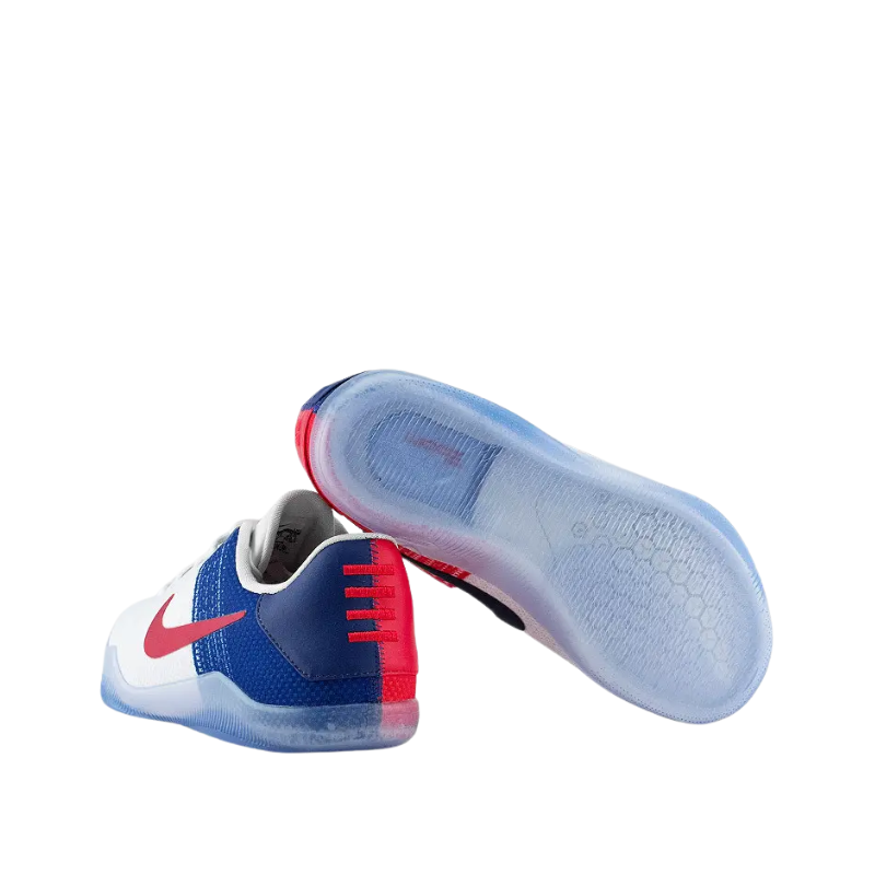 Nike Kobe 11 Elite Low USA Basketball Shoes with white, red, and blue colorway and Nike Swoosh