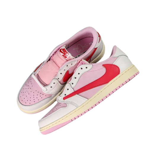 Nike Travis Scott x Air Jordan 1 Low OG "Shy Pink and Muslin" Sneakers with Reverse Swoosh and Cactus Jack Branding