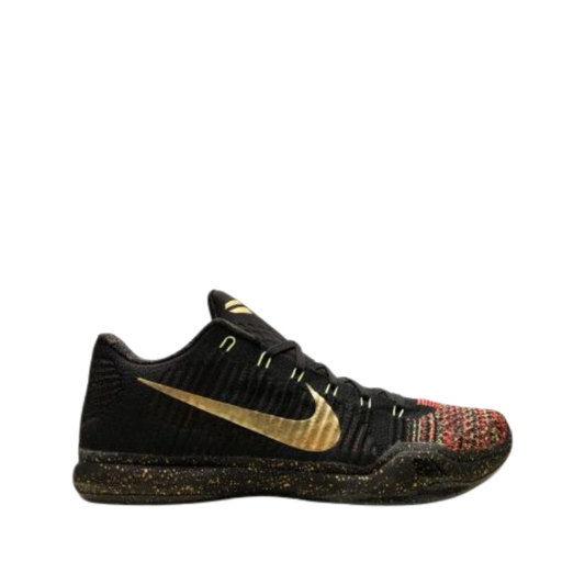 Nike Kobe 10 Elite Low Christmas Basketball Shoes with black Flyknit upper and metallic gold Swoosh