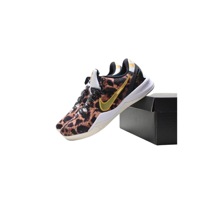Nike Kobe 8 Protro Leopard Pe an Exclusive Basketball Shoe displayed next to its box, featuring a leopard print design.