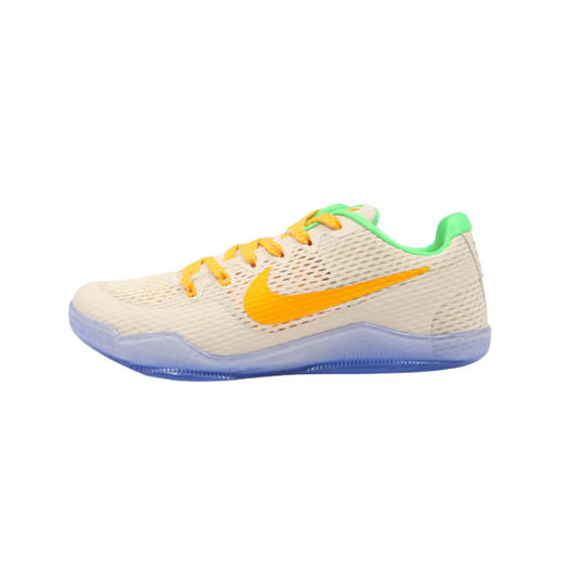Nike Kobe 11 EM Low Peach Jam Basketball Shoes with white, yellow, and green accents and translucent blue outsole