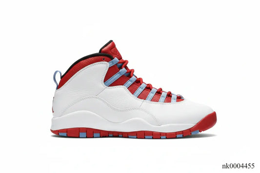 Air Jordan 10 Chicago Flag Sneakers– AJ10 Retro City Pack side view with white leather and University Blue accents.