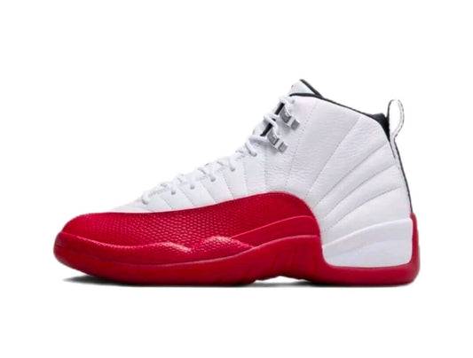 Air Jordan 12 Cherry – White / Varsity Red sneaker profile view with iconic colorway design.
