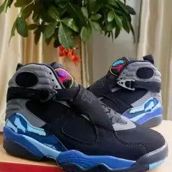Air Jordan 8 Aqua 2025– Black/Aqua/Concord | AJ8 Retro sneakers displayed with a vibrant color scheme.