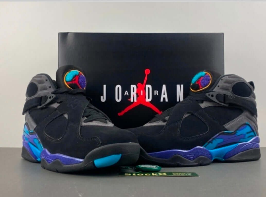 Air Jordan 8 Aqua – Retro OG Men’s Basketball Shoes featuring black upper and aqua purple accents.