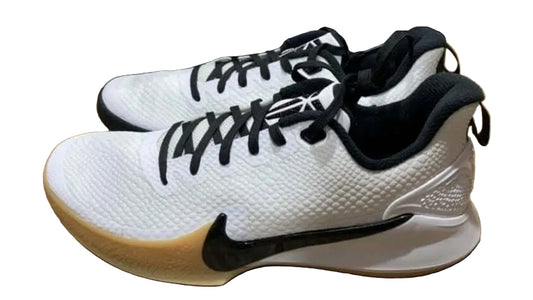 Nike Kobe Mamba Focus White Black Gum sneakers displayed from the side on a wooden surface.
