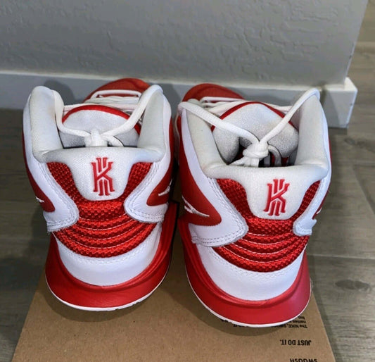 Kyrie 6 basketball sneakers size 14 rear view showing red and white design and logo details.