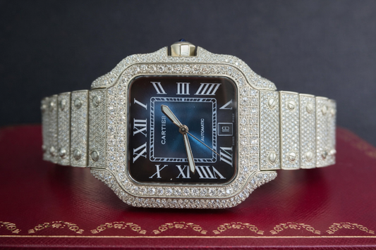 Iced Cartier Santos-Style Watch – Blue Dial | Moissanite Diamond Alternative