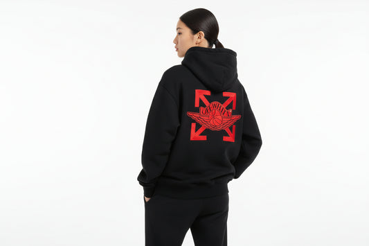 Off-White Style Wings Hoodie – Jordan Inspired Streetwear Pullover displayed on model from behind with wings graphic