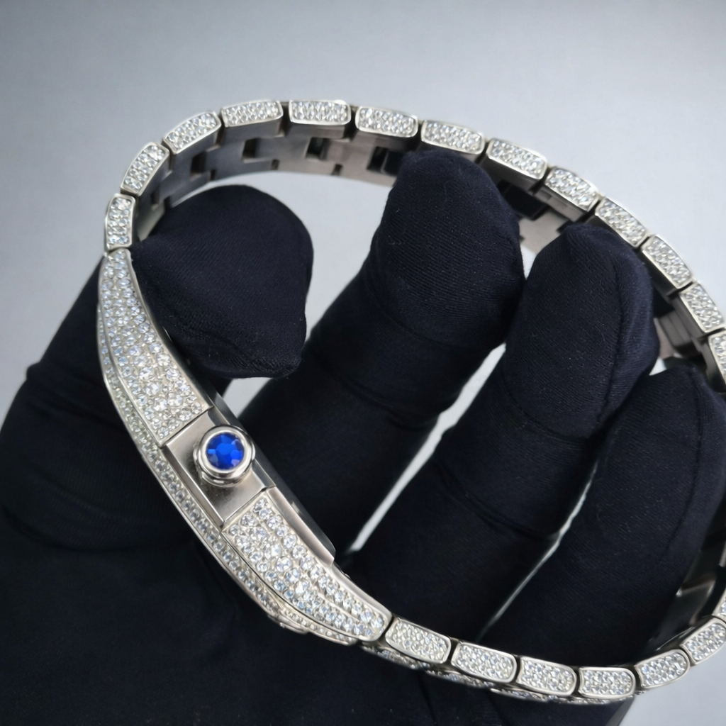 Iced Cartier Santos-Style Watch – Blue Dial | Moissanite Diamond Alternative