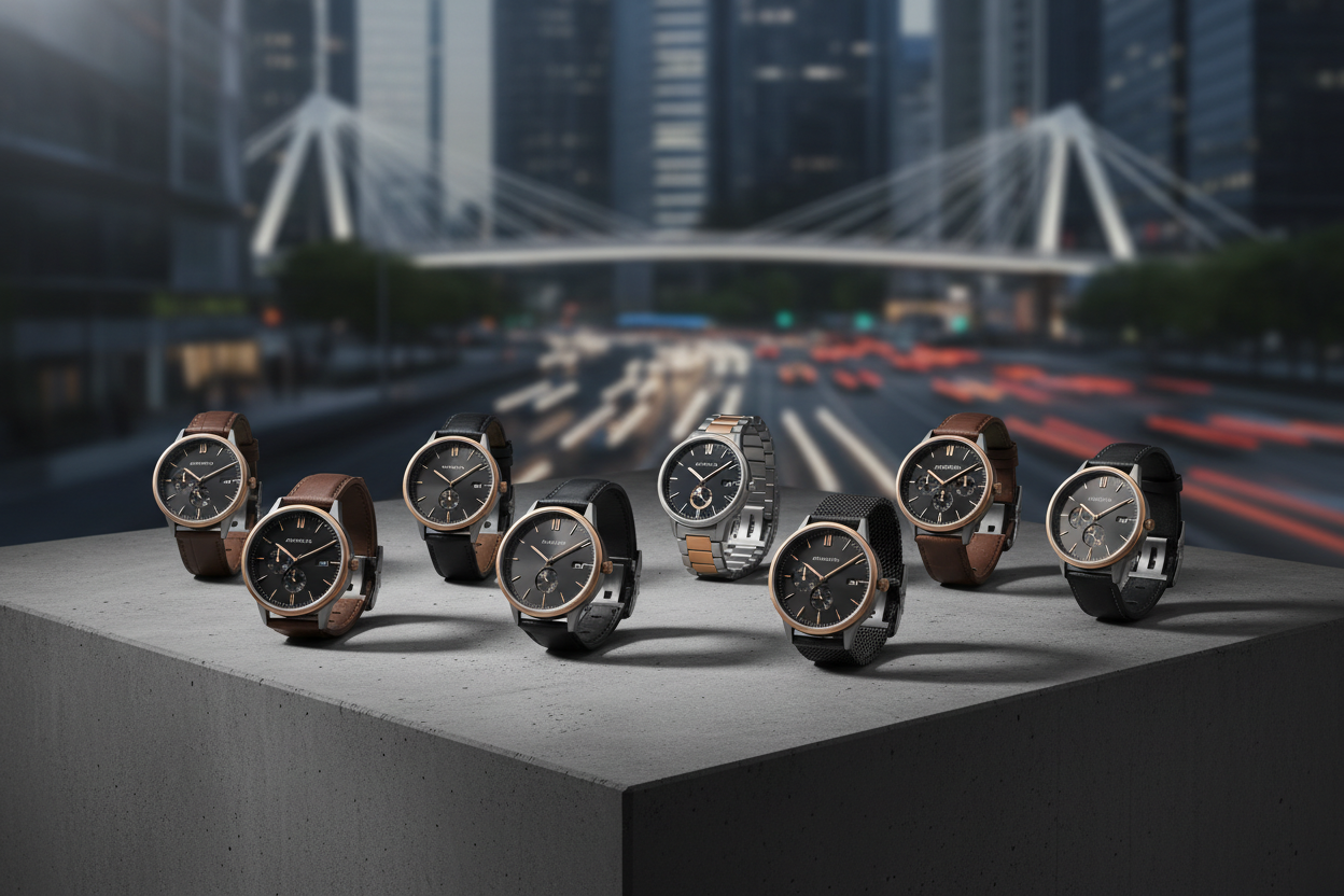 Everyday Essentials – Clean, versatile watches for daily wear displayed in a city setting.