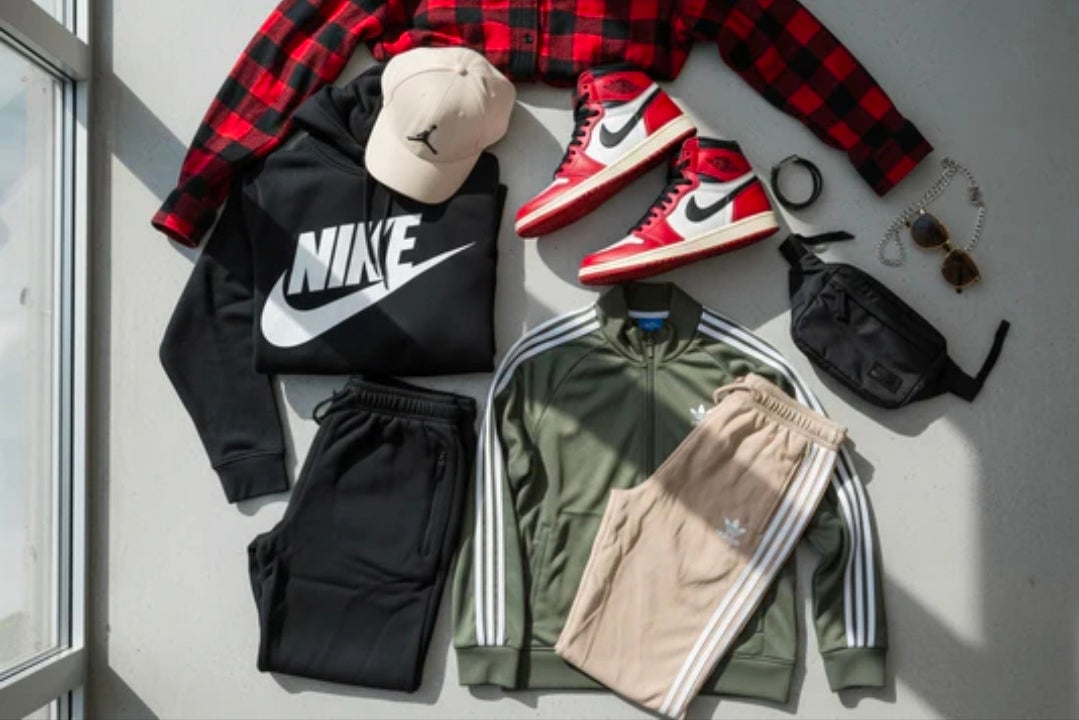 Streetwear Enthusiasts collection featuring hoodies, joggers, shoes, and accessories laid out stylishly.