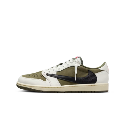 Nike Travis Scott x Air Jordan 1 Low OG SP "Reverse Olive" Sneakers with Reverse Swoosh and University Red Details