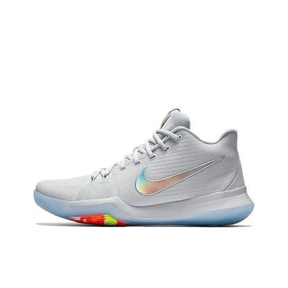 Nike Kyrie 3 "Time to Shine" Basketball Shoe with chrome Swoosh, translucent icy-blue outsole, and white upper with multi-color details for traction.