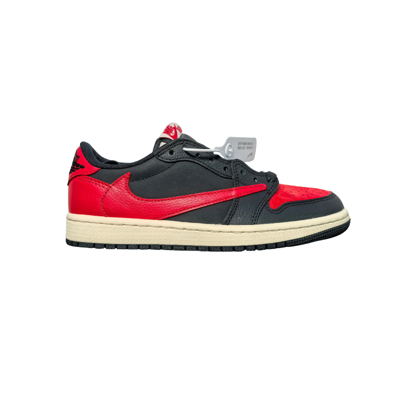 Nike Travis Scott x Air Jordan 1 Low Bred Sneakers side view with red and black colorway.