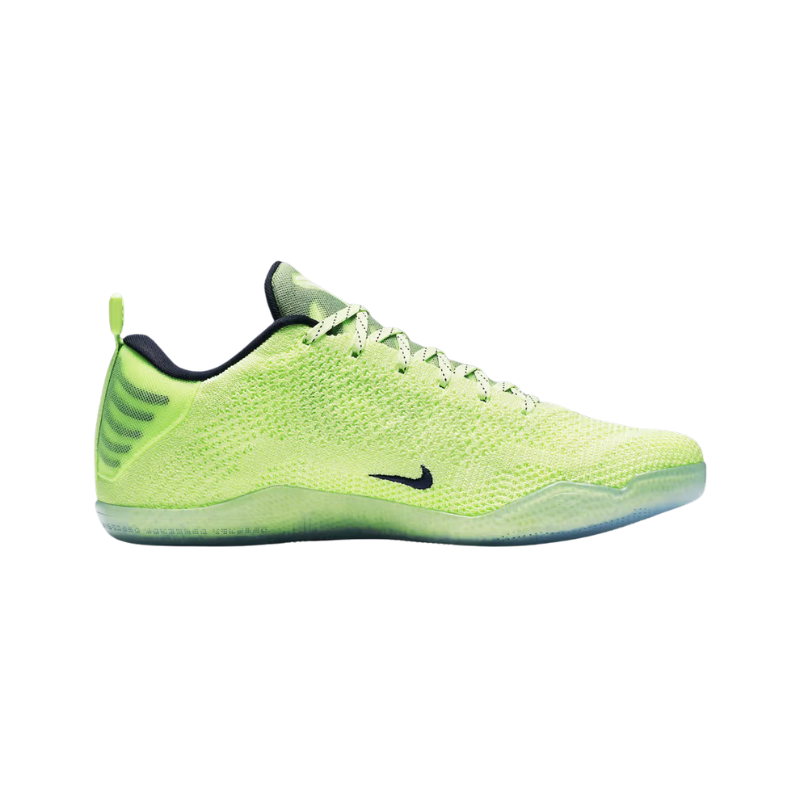 Nike Kobe 11 Elite Low 4KB Liquid Lime Basketball Shoes with fluorescent yellow Flyknit upper and dark obsidian Nike Swoosh