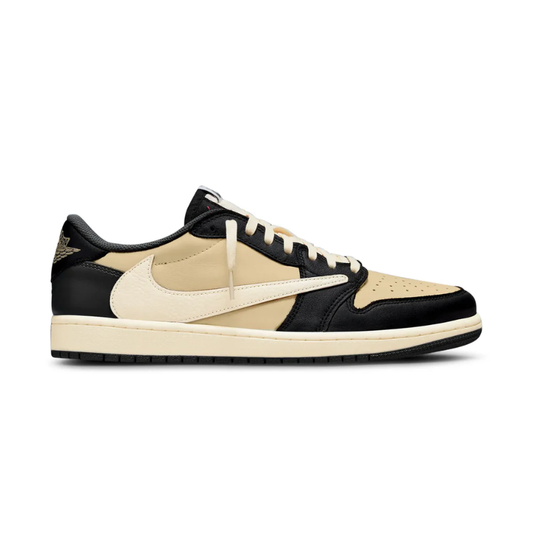 Nike Travis Scott x Air Jordan 1 Retro Low OG "Pale Vanilla" Sneakers with beige leather upper and reversed Swoosh