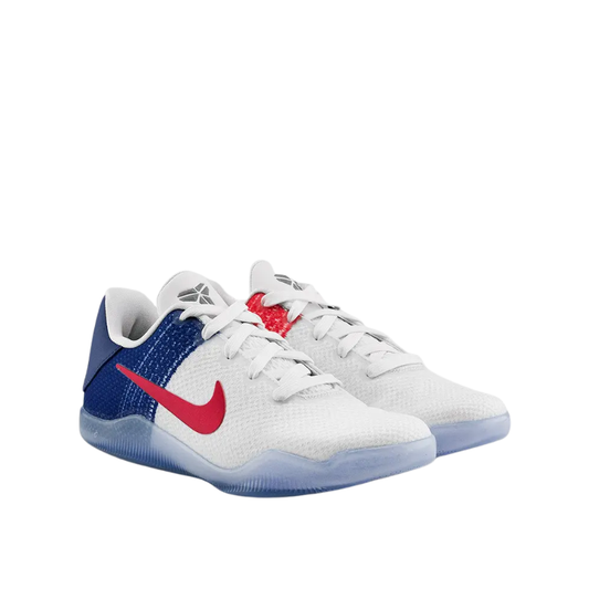 Nike Kobe 11 Elite Low USA Basketball Shoes with white, red, and blue colorway and Nike Swoosh