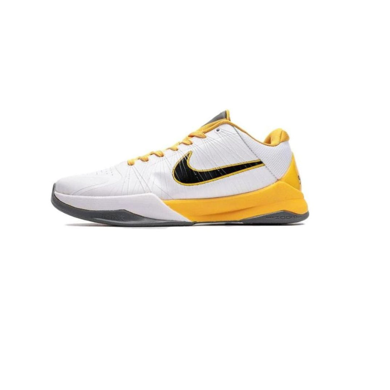 Nike Zoom Kobe White-Black-del Sol Basketball Shoe in white and yellow colorway, designed for performance and style.