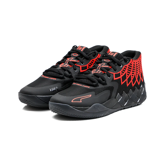 Puma MB.01 LaMelo Ball "Black Red Blast" Basketball Shoe with flame‑inspired graphics and Nitro Foam cushioning.