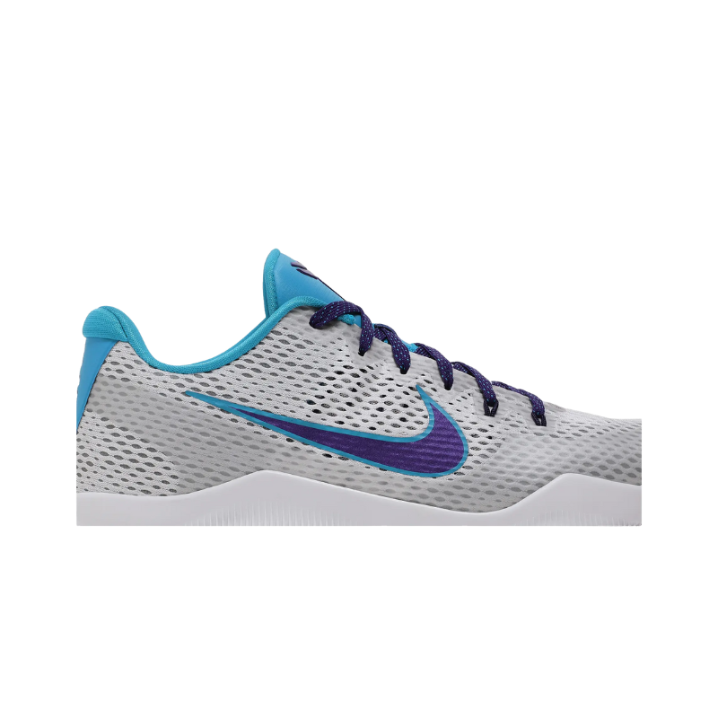 Nike Kobe 11 Low Draft Day Basketball Shoes with white, blue lagoon, and court purple accents