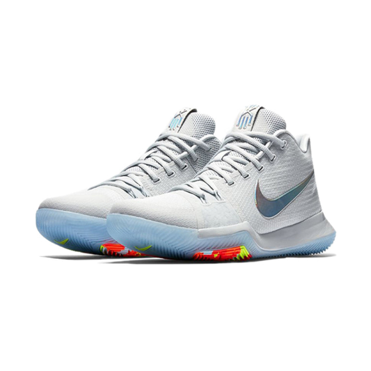 Nike Kyrie 3 "Time to Shine" Basketball Shoe with chrome Swoosh, translucent icy-blue outsole, and white upper with multi-color details for traction.