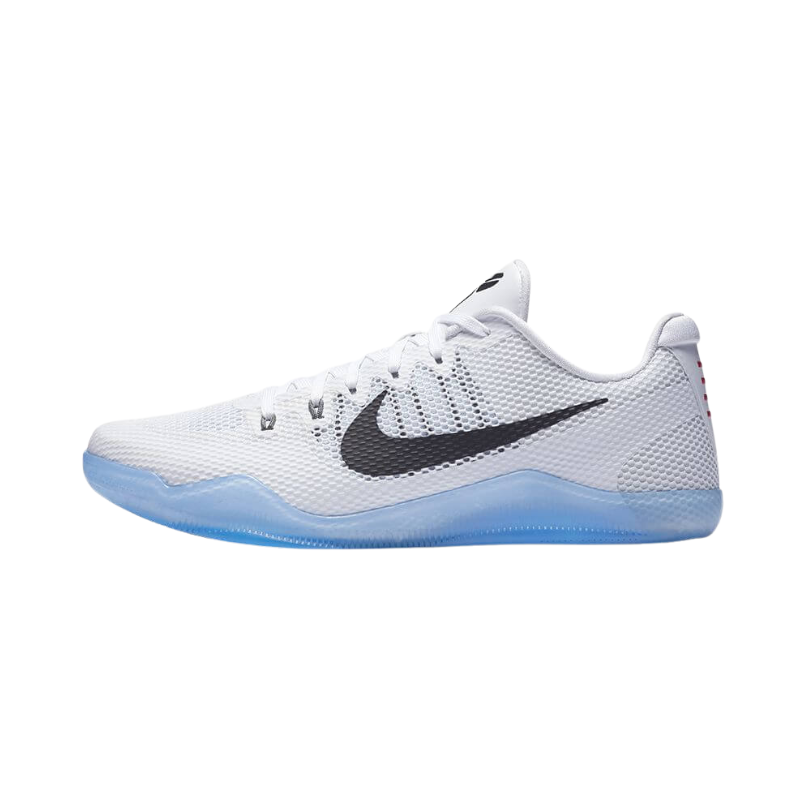 Nike Kobe 11 EM Low Fundamental Basketball Shoes with white engineered mesh upper, black Nike Swoosh, and icy blue translucent outsole.