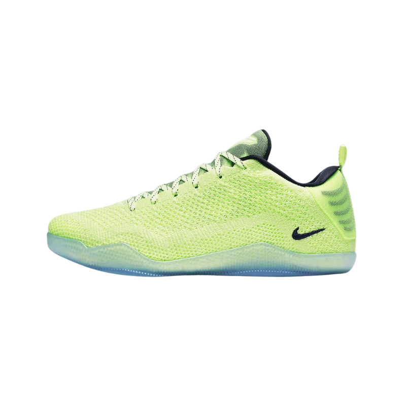 Nike Kobe 11 Elite Low 4KB Liquid Lime Basketball Shoes with fluorescent yellow Flyknit upper and dark obsidian Nike Swoosh