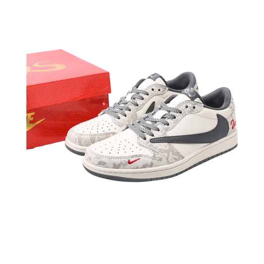 Nike Travis Scott x Air Jordan 1 Reverse Mocha Sneakers with Snake Skin Design