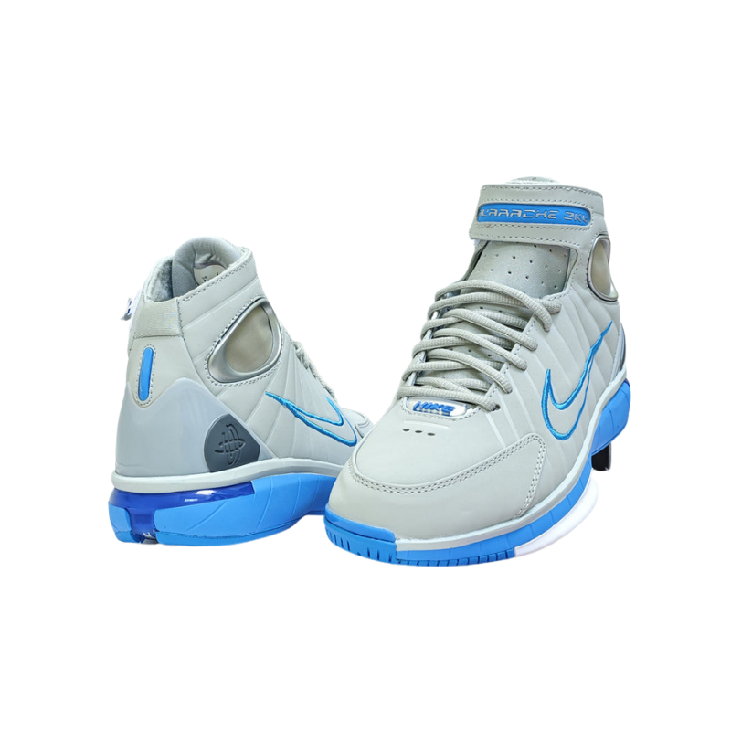 Nike 2k4 Air Zoom Huarache Wolf Grey Uni Blue Hyper Shoe showcasing wolf grey and uni blue design with responsive cushioning.