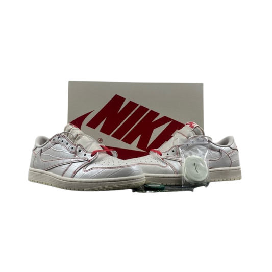 Nike Travis Scott x Air Jordan 1 Low OG SP Metallic Silver Sneakers with crocodile-embossed leather and red stitching