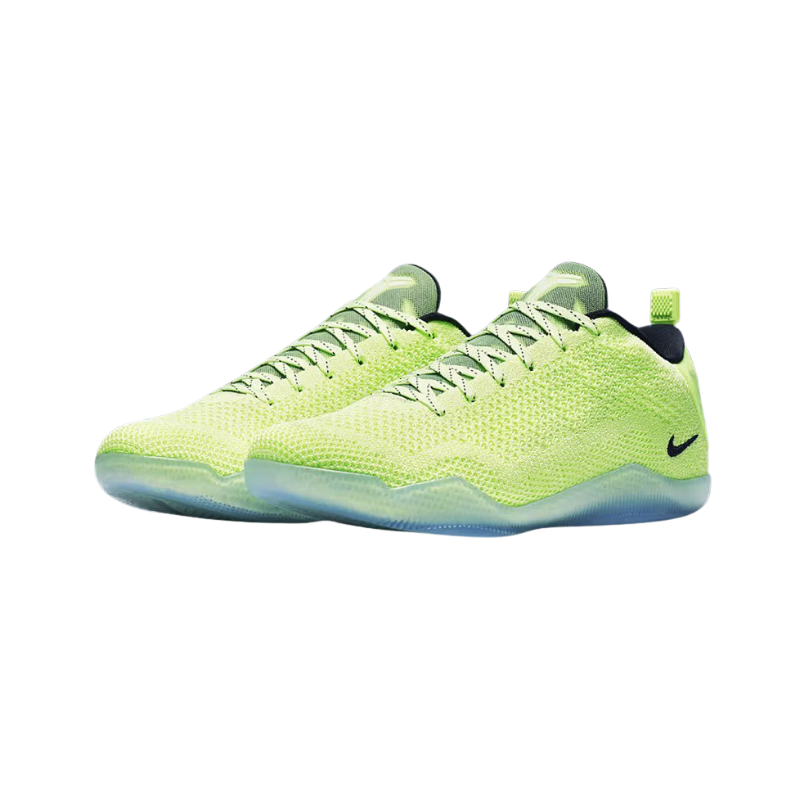 Nike Kobe 11 Elite Low 4KB Liquid Lime Basketball Shoes with fluorescent yellow Flyknit upper and dark obsidian Nike Swoosh
