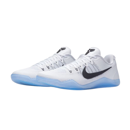 Nike Kobe 11 EM Low Fundamental Basketball Shoes with white engineered mesh upper, black Nike Swoosh, and icy blue translucent outsole.
