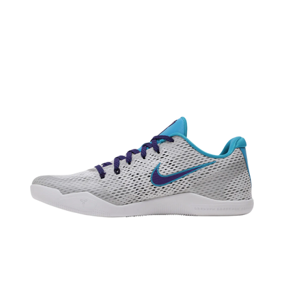 Nike Kobe 11 Low Draft Day Basketball Shoes with white, blue lagoon, and court purple accents