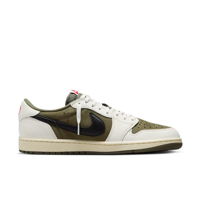 Nike Travis Scott x Air Jordan 1 Low OG SP "Reverse Olive" Sneakers with Reverse Swoosh and University Red Details