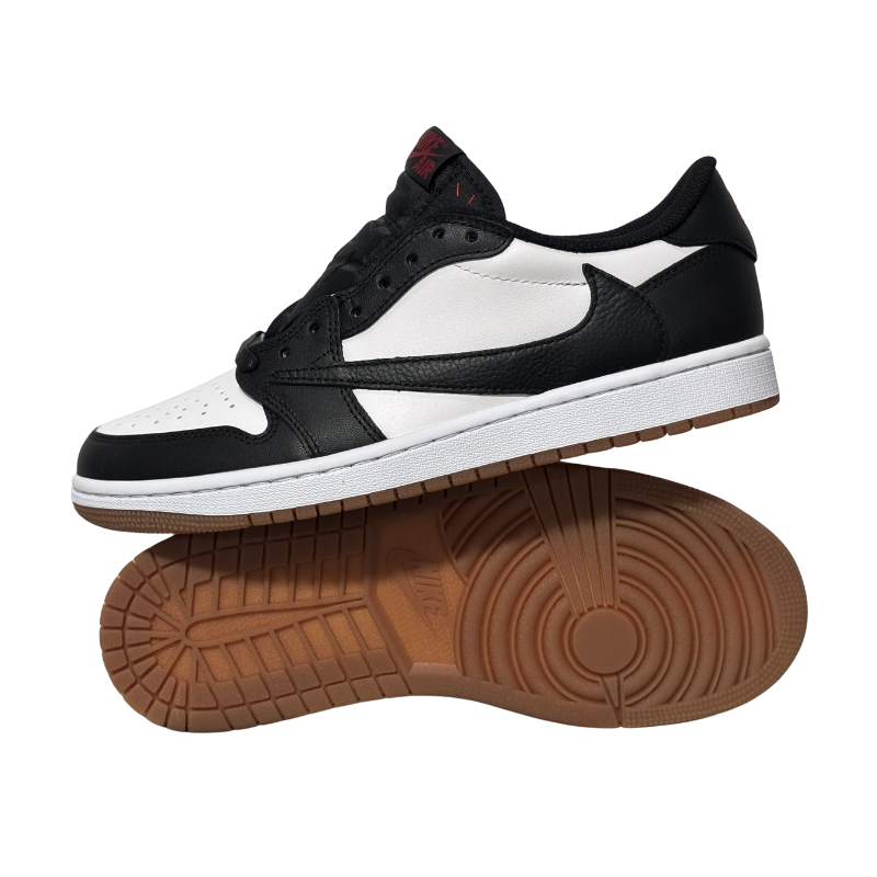 Nike Travis Scott x Air Jordan 1 Low OG "Panda" Sneakers in Black/White with reverse Swoosh and red accents