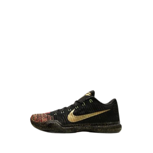 Nike Kobe 10 Elite Low Christmas Basketball Shoes with black Flyknit upper and metallic gold Swoosh