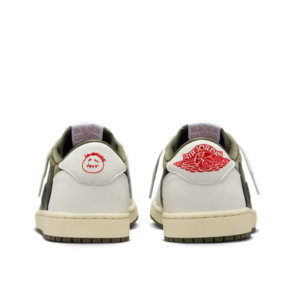 Nike Travis Scott x Air Jordan 1 Low OG SP "Reverse Olive" Sneakers with Reverse Swoosh and University Red Details