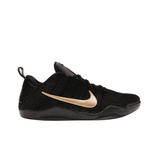 Nike Kobe 11 Elite Low Black Mamba Basketball Shoes with black Flyknit upper and gold Nike Swoosh