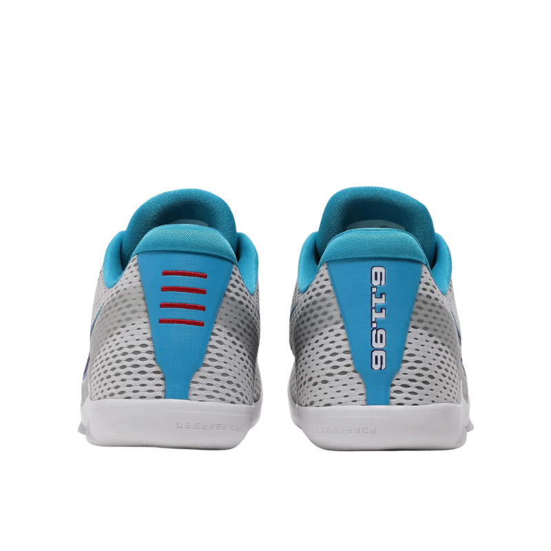 Nike Kobe 11 Low Draft Day Basketball Shoes with white, blue lagoon, and court purple accents