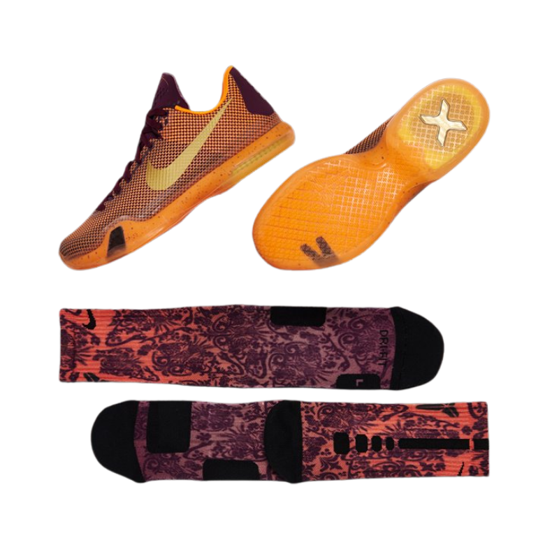 Nike Kobe 10 Silk Road Basketball Shoe with Merlot, Total Orange, and Metallic Gold